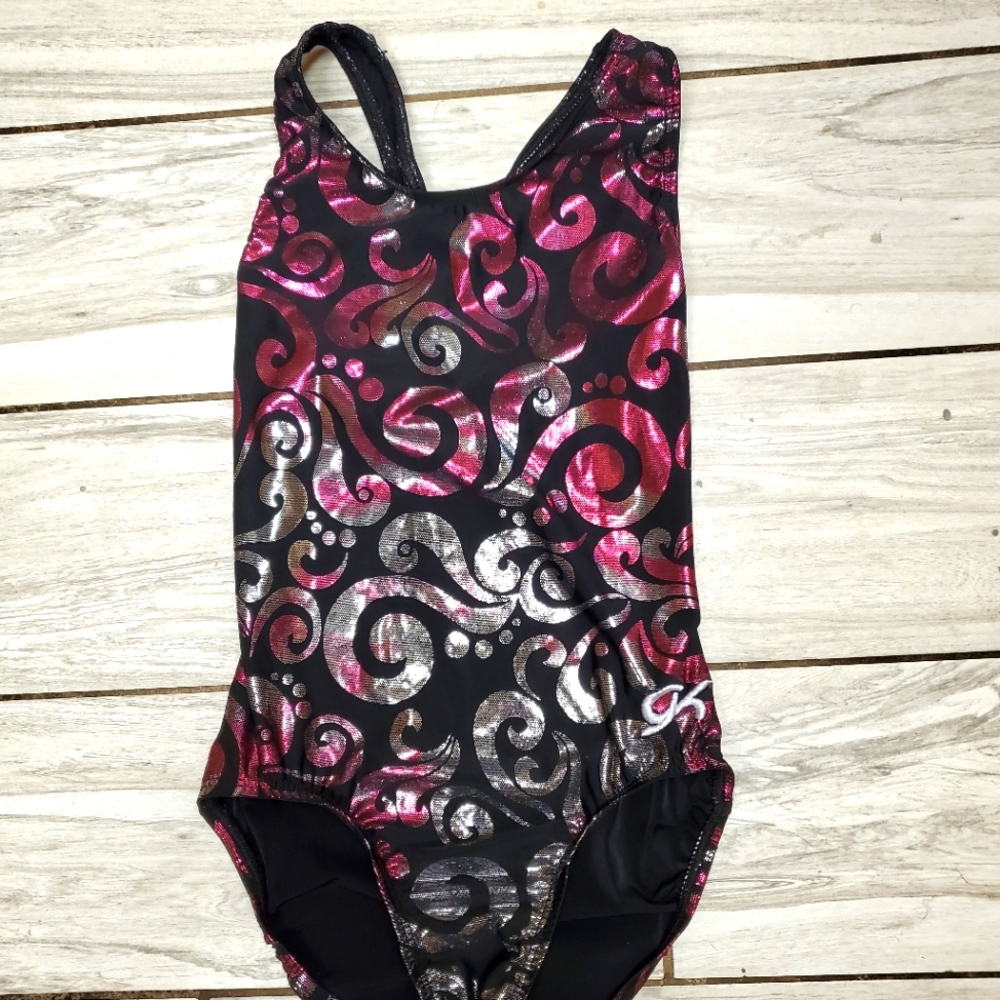 GK ELITE Gymnastics Dance Leotard Child Large METALLIC Silver Mystique RACERBACK